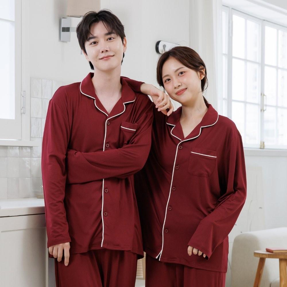 남녀공용 와인컬러 소프트웜 피치기모 성인 오픈 파자마 세트 사진 2